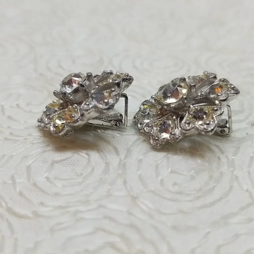 Bogoff Clip Earrings Rhinestone Flowers Petals Vintage